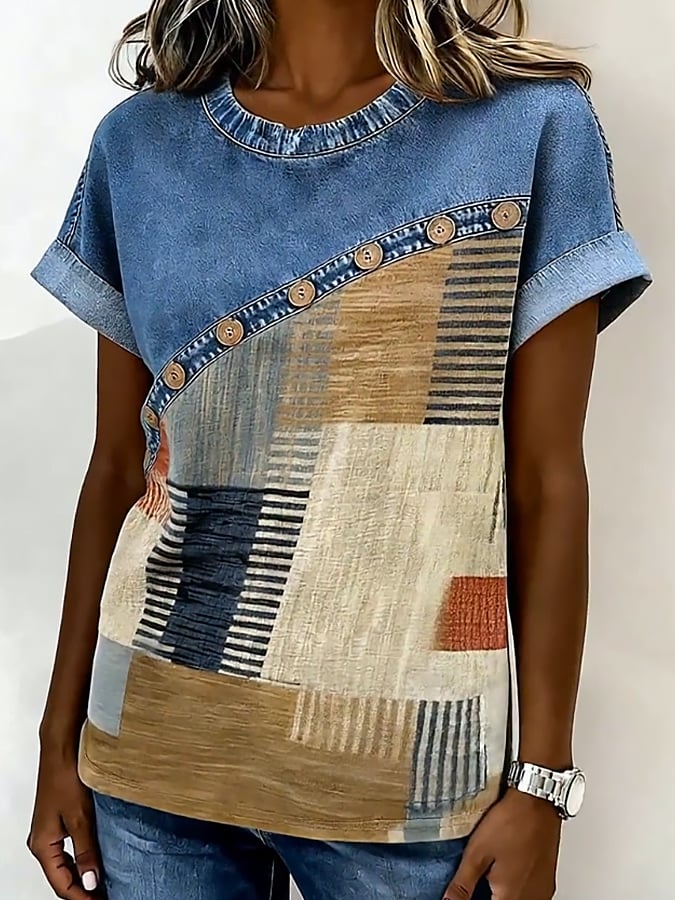 Women's Casual Color-Blocked Print Denim Patchwork Top