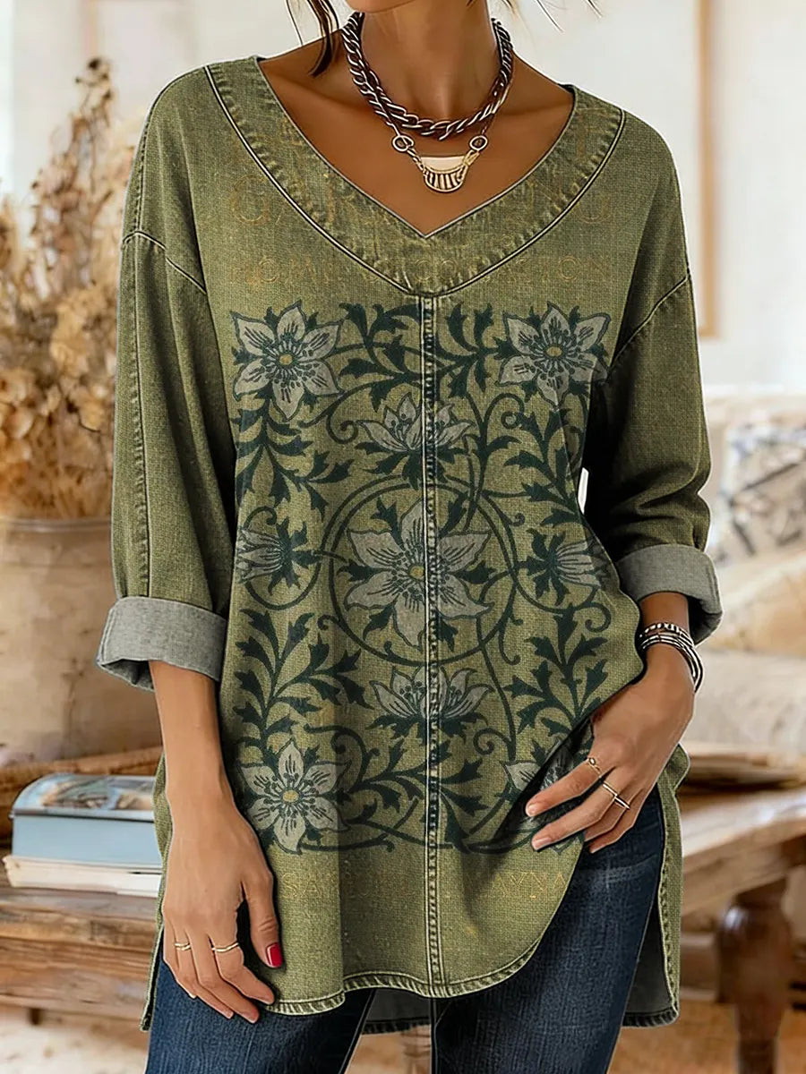 Women's Vintage Floral Print Artistic Washed Denim Cotton Shirt