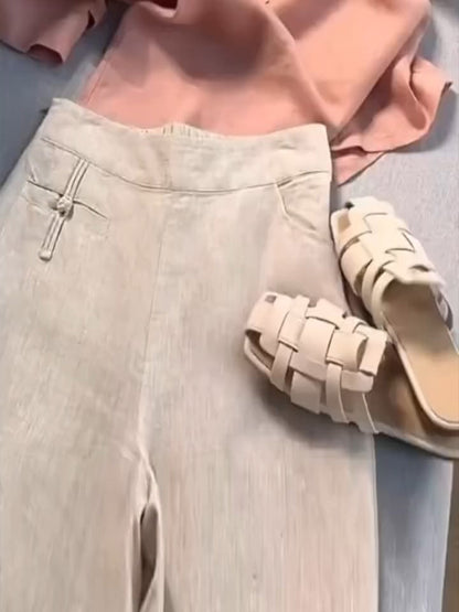Women's Solid Color Button Half Elastic High Waist Casual Cotton and Linen Wide Leg Pants