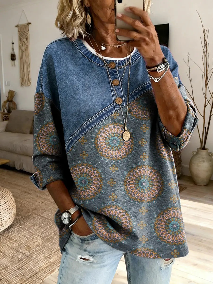 Women's Folk Floral Art Print Round Neck Button-Up Denim Patchwork Top