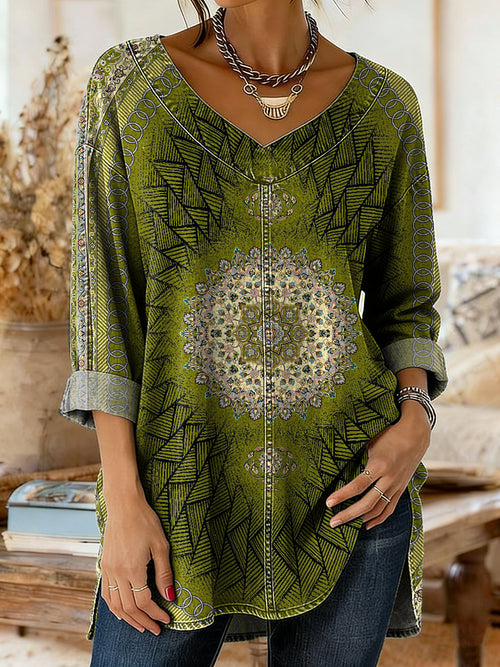 Women's Vintage Ethnic Green Mandala Art Print Casual V-neck Long Sleeve Washed Denim Shirt