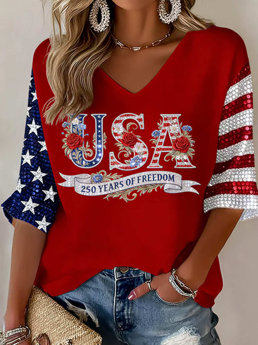 Women's 250th Anniversary Of The United States Printed V-Neck Top