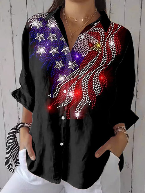 Women's Independence Day Floral Patchwork Art Design Printed Casual Shirt