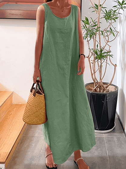 Women's Sling Cotton Linen Simple Pocket Round Neck Sleeveless Dress