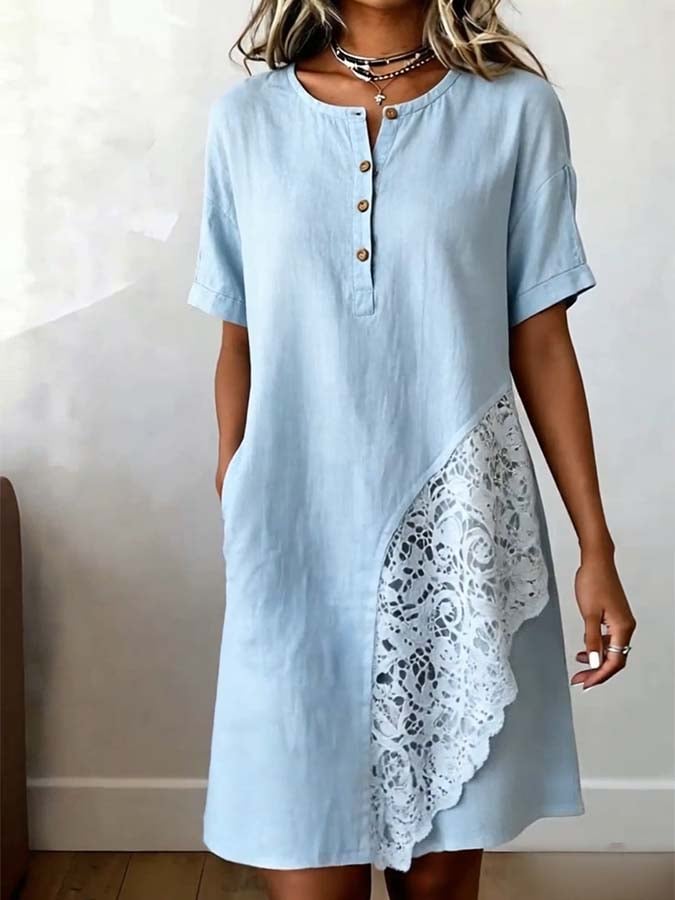 Women'S Casual Solid-Color Dress With Lace Splicing