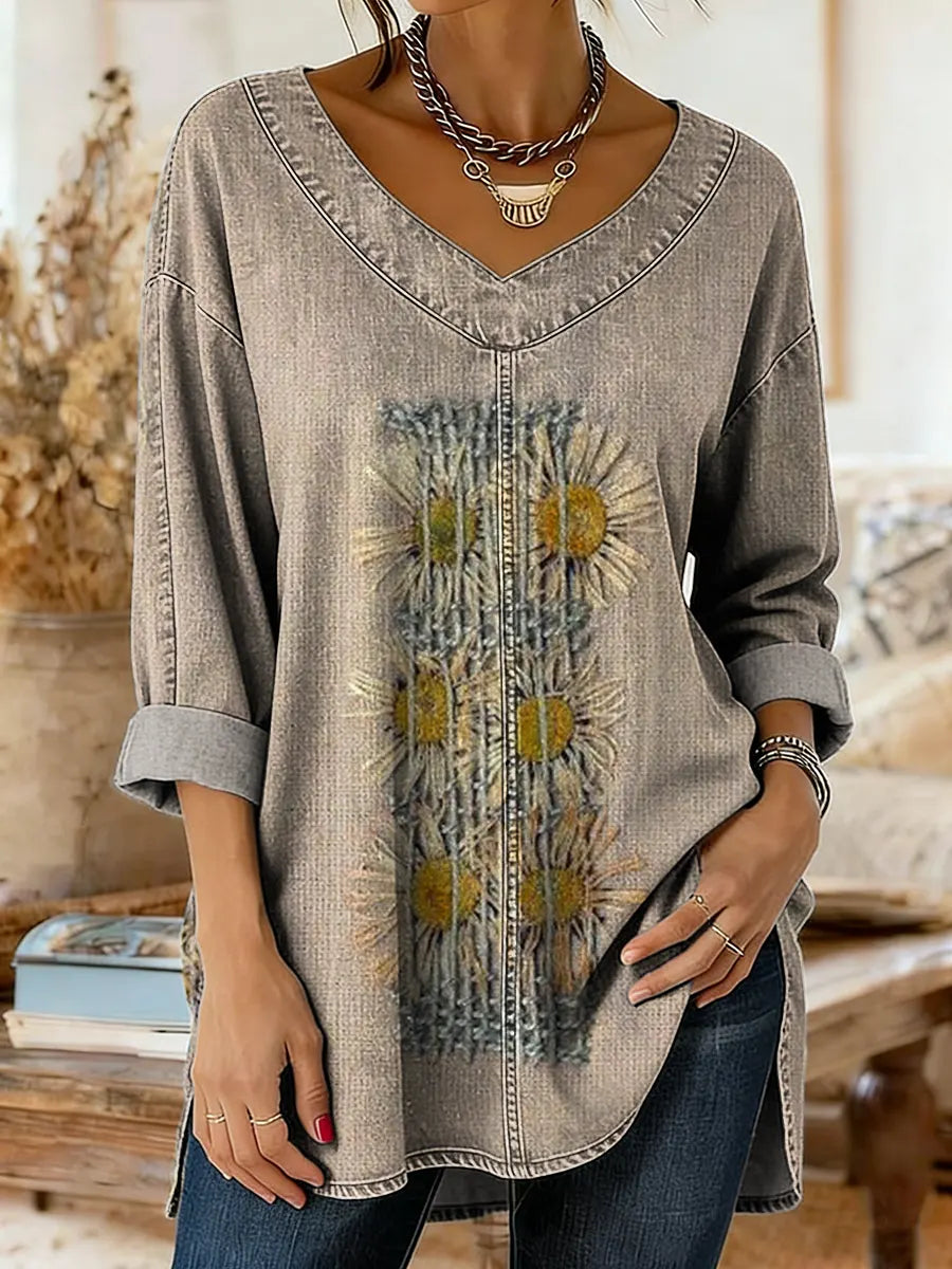 Women's Vintage Floral Art Print Casual Washed Denim Cotton Top