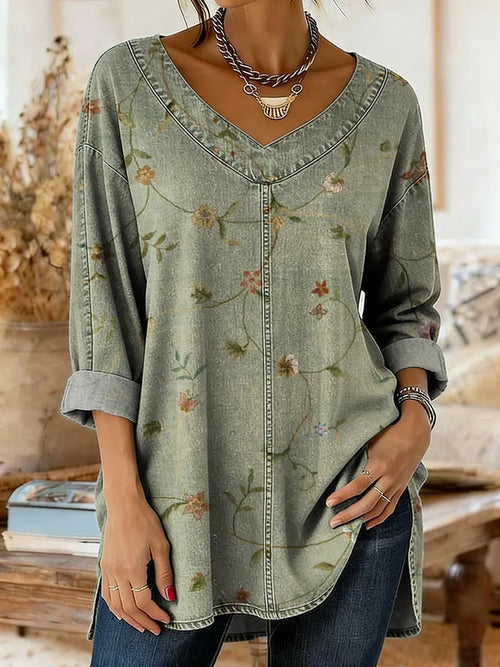 Women's Denim-colored Patchwork Pattern Art Print Casual Washed Denim Cotton Shirt