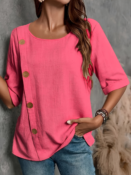 Women'S Button Casual Half Sleeve Solid Color Round Neck Top