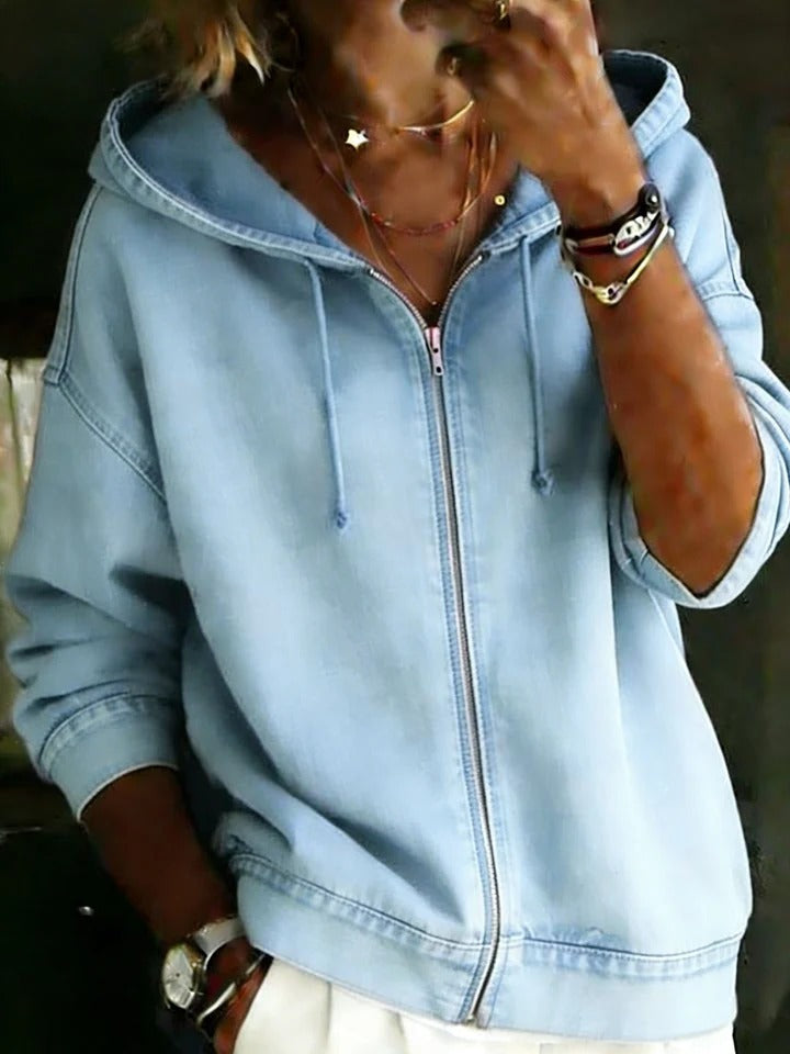 Women's Casual Long Sleeve Denim Zipper Hoodie Coat