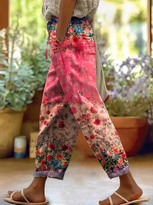 Women's Casual Vintage Floral Cotton and Linen Pants (With Pockets)