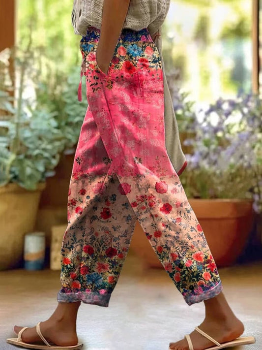 Women's Casual Vintage Floral Cotton and Linen Pants (With Pockets)