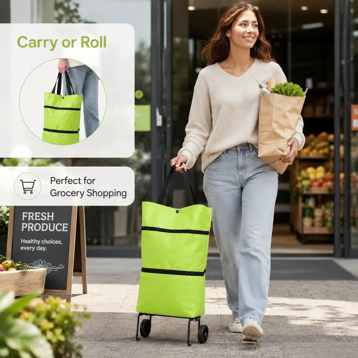Foldable Shopping Trolley Bag with Wheels, Portable Reusable Grocery Tote, Lightweight Rolling Shopping Cart Bag with Carry Handles for Supermarket, Travel, Laundry and Daily Use