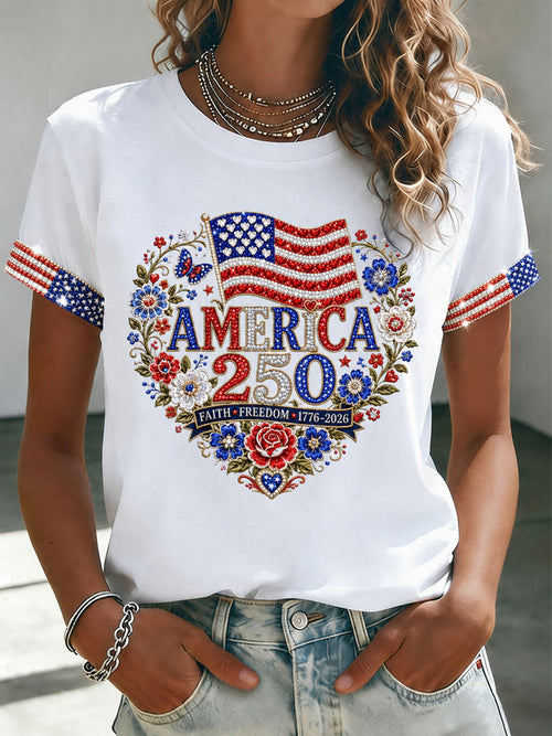 Women'S American Independence Day 250Th Anniversary Printed Short Sleeved T-Shirt