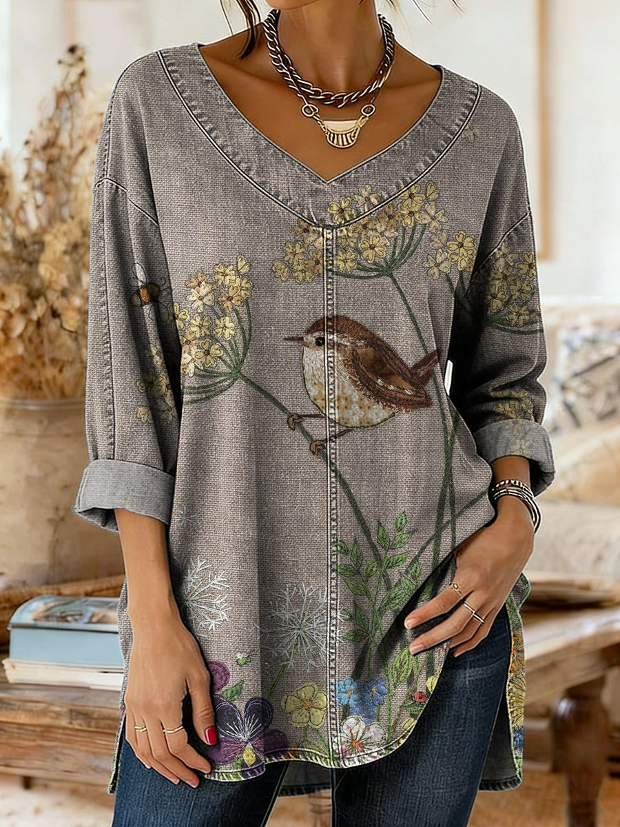 Women's Retro Floral And Bird Art Print Casual V-neck Washed Cotton Denim Top