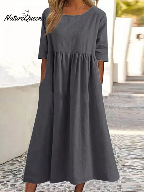 5-quarter Sleeve Casual Loose Solid Color Cotton and Linen Dress
