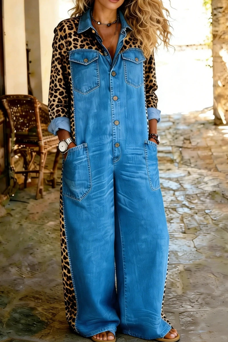 Women's Casual Long-Sleeved Pocket Leopard Print Denim Jumpsuit