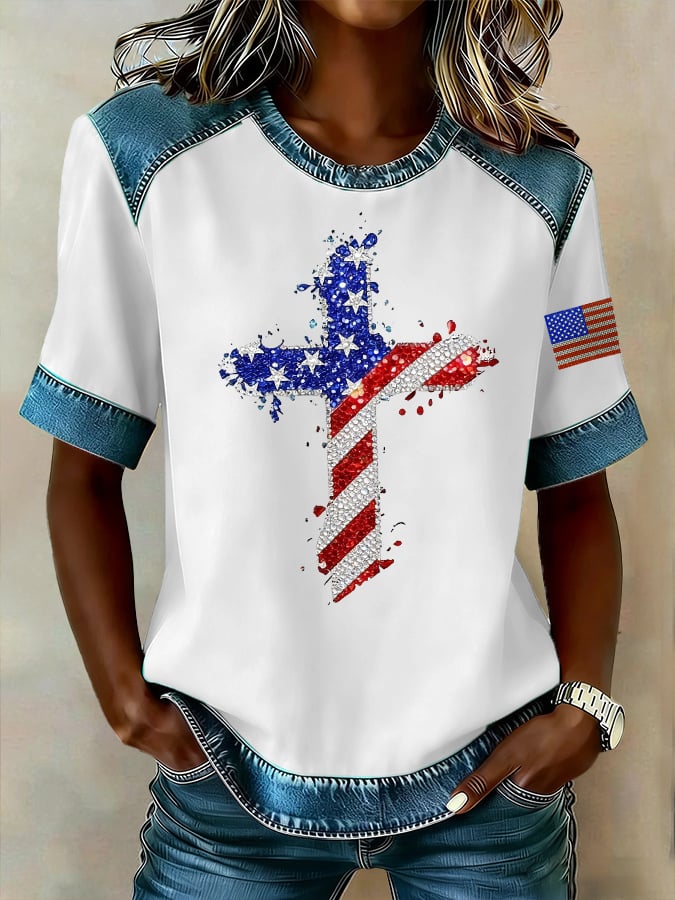 Women's casual retro American patriotic faith T-shirt