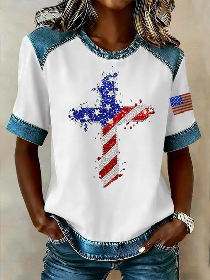 Women's casual retro American patriotic faith T-shirt