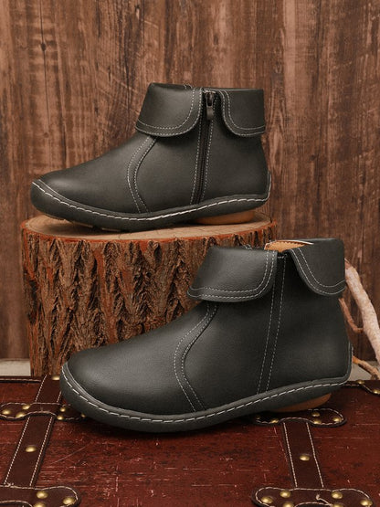 Women Hemmed Zip Casual Plain Round Toe Short Boots With Flat Heel