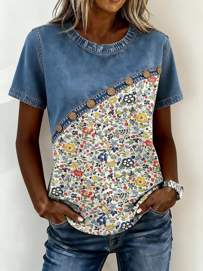 Women's Casual Color-Blocked Print Denim Patchwork Top