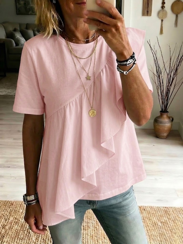 Casual Ruffled 100% Cotton T-shirt