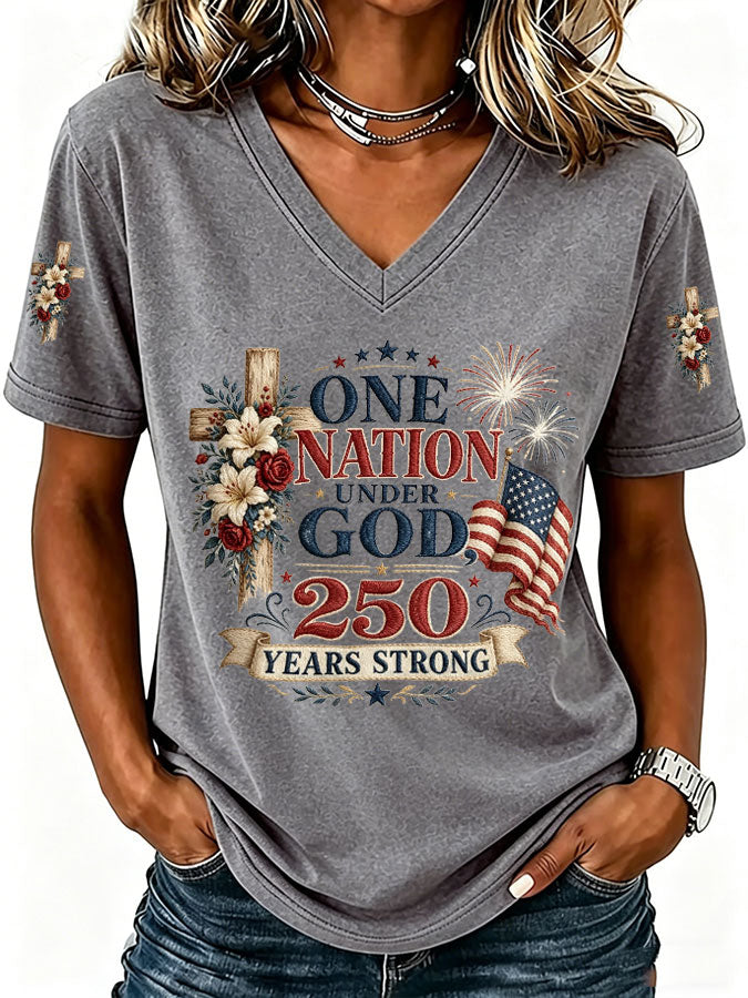 Women'S America Flag Print Casual V-Neck T-Shirt
