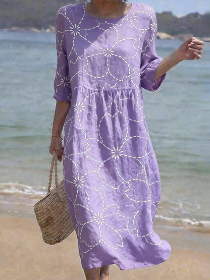 Women's Casual  Round Neck Mid Sleeve Print Cotton and Linen Dress