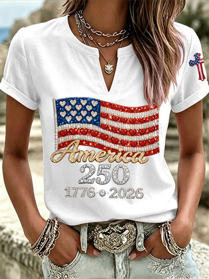 Women'S America Flag Printed Casual Cotton Linen Short Sleeved Shirt