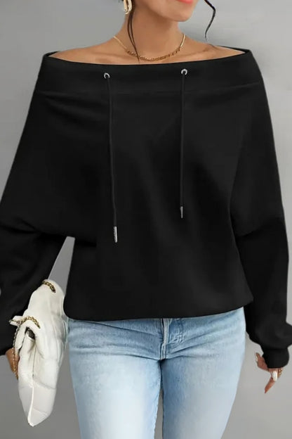 Women's Casual Off Shoulder Drawstring Batwing Sleeve Sweatshirt