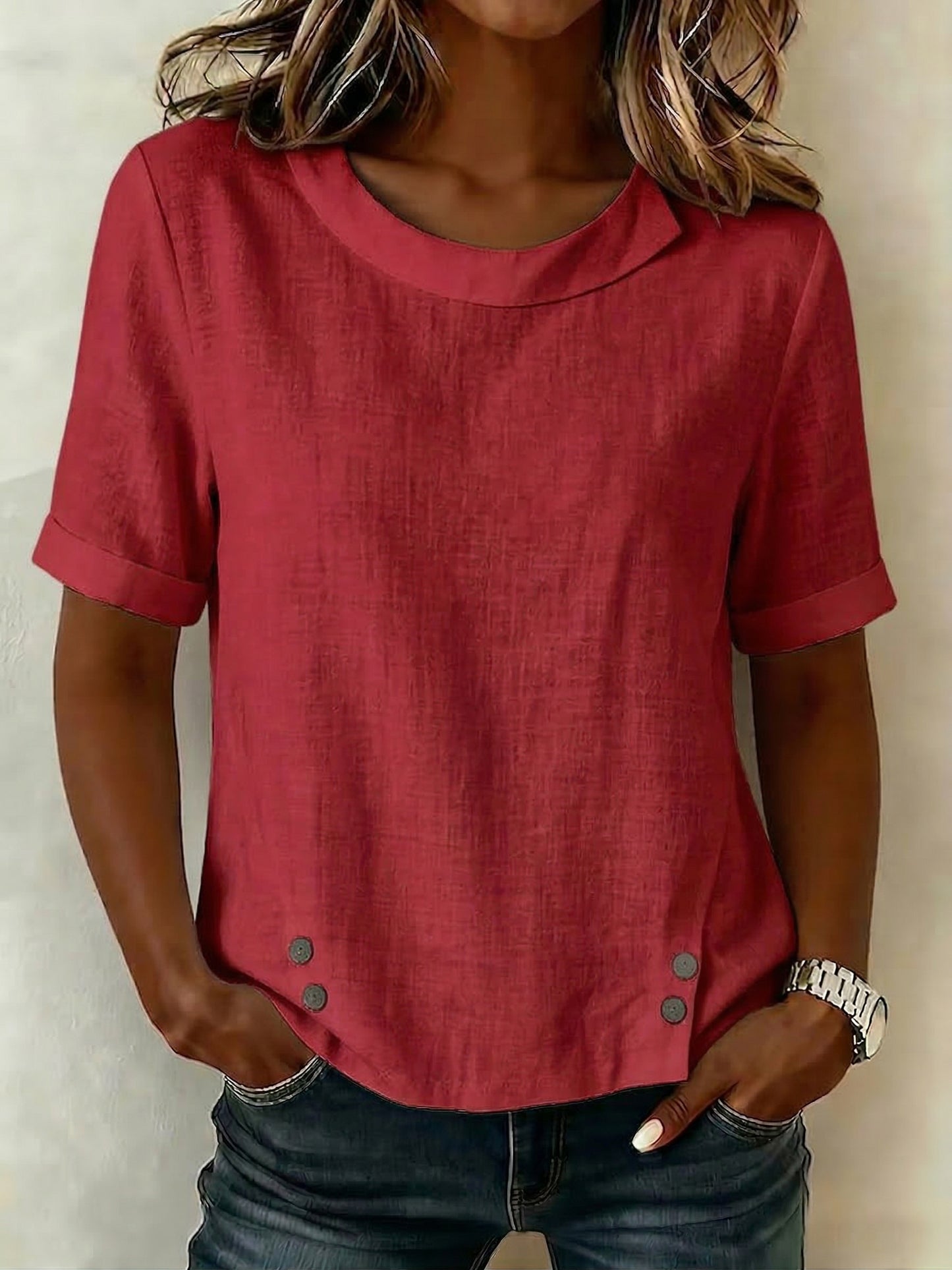Cozy Retro Round-neck Cotton-linen Blouse