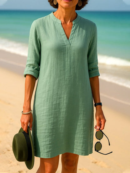 Women Plain Spring/Fall Dress V Neck Long Sleeve A-Line Dress