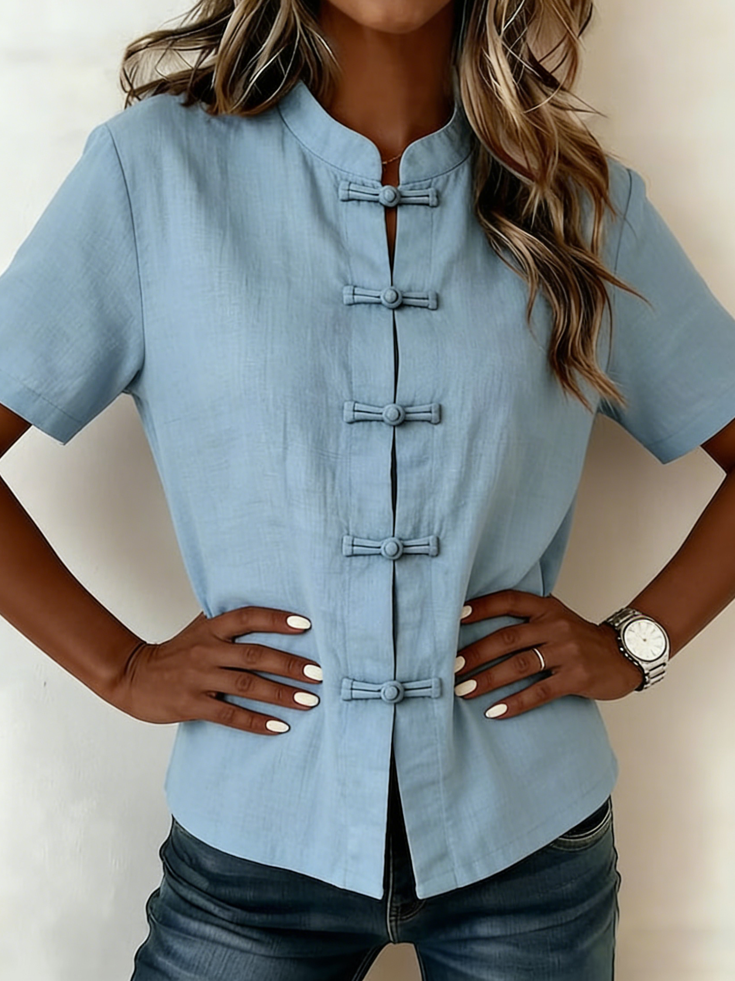 Casual Stand-up Collar Frog Buttons Cotton Linen Shirt