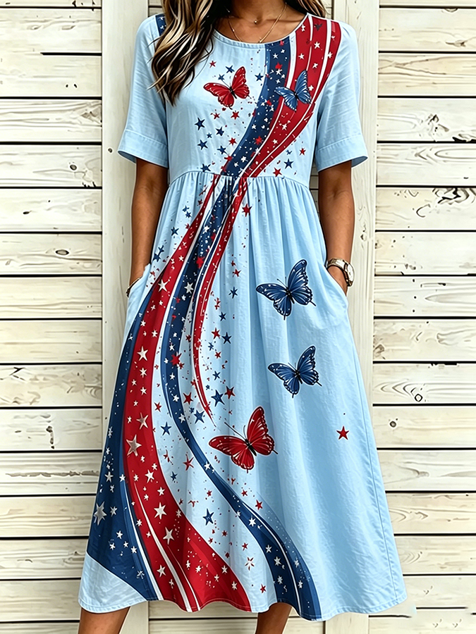 Women's National Flag Floral Print Cotton Linen Short-Sleeved Dress