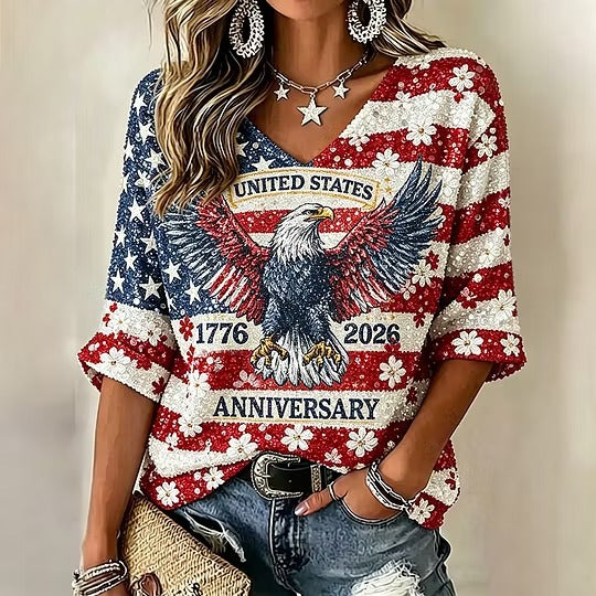 Vintage American Flag Eagle Sparkling Art V-neck T-shirt