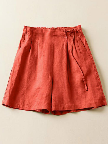 Women's Semi-elastic High Waist Solid Color Casual Cotton and Linen Wide Leg Shorts