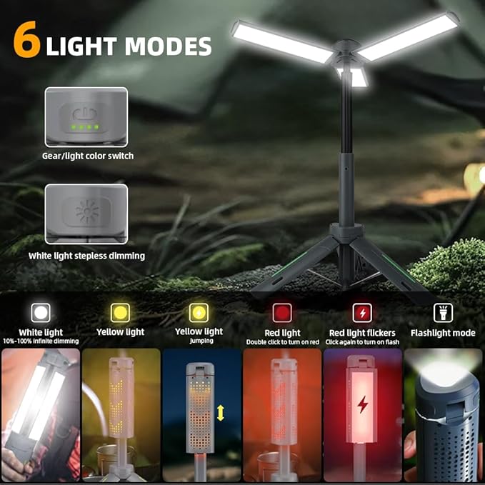 8000mAh Camping Lantern (with Adjustable Stand) — 3.4-Foot, 1800-Lumen Cordless Work Light, Featuring 3 Adjustable Light Heads, Stepless Dimming, and Emergency Flashlight Function