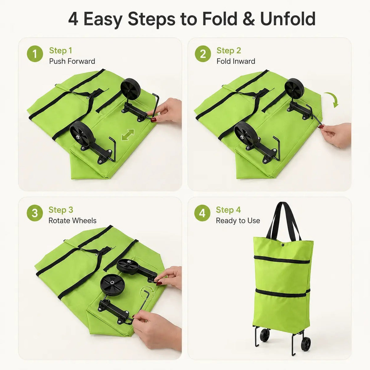 Foldable Shopping Trolley Bag with Wheels, Portable Reusable Grocery Tote, Lightweight Rolling Shopping Cart Bag with Carry Handles for Supermarket, Travel, Laundry and Daily Use