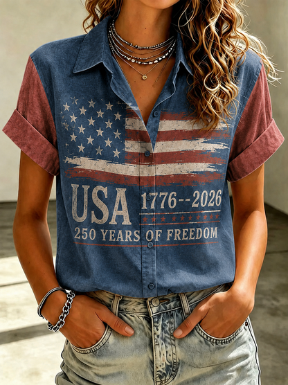 Women'S Casual American Flag 250Th Anniversary Celebration Floral Embroidery Printed Lapel Shirt