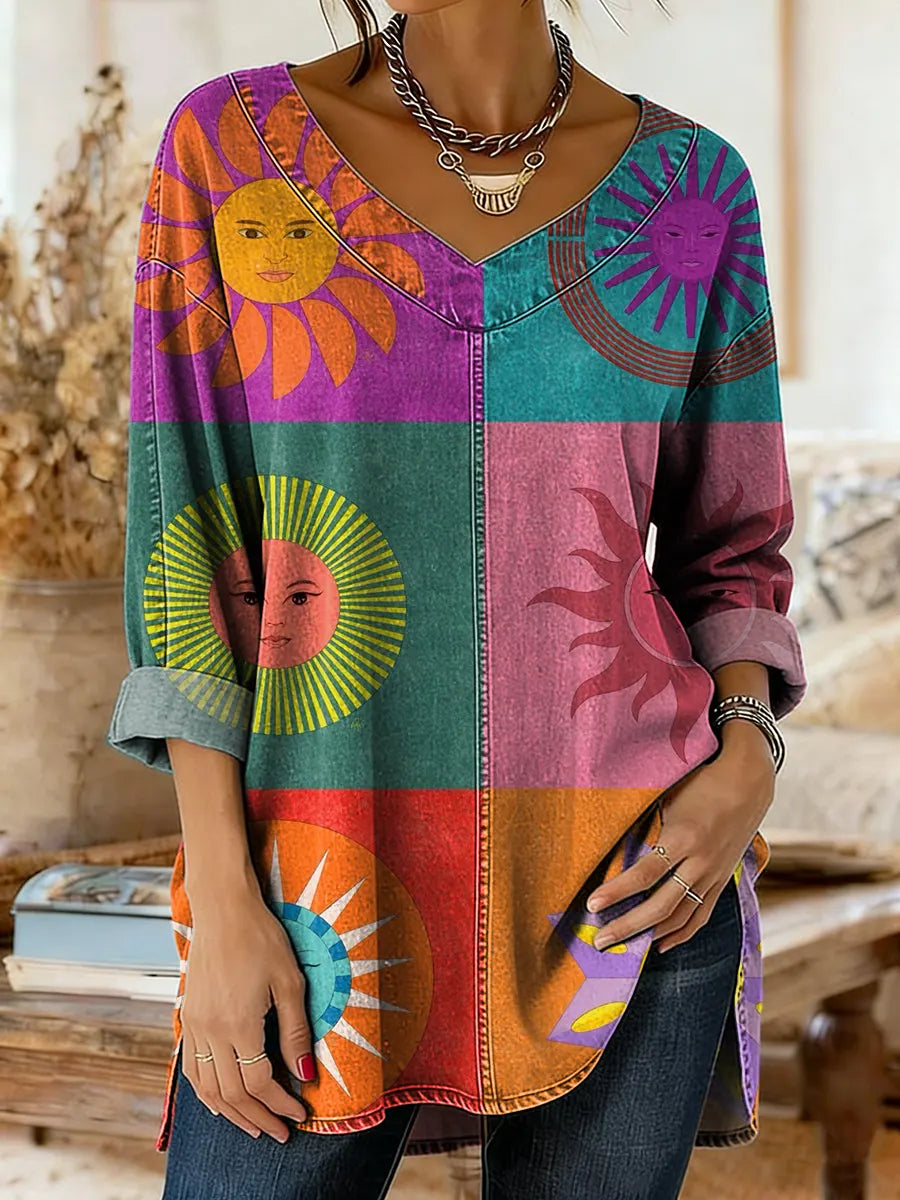Women's Colorful Hippie Sun Face Art Print Casual Washed Denim Cotton Top