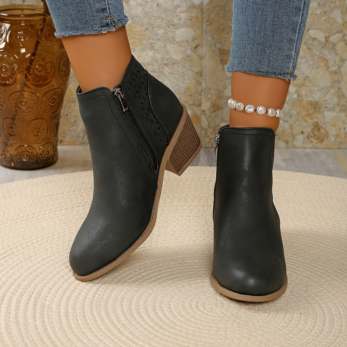 🔥 Women's Chunky Mid-Heel Slip-On Leather Orthopaedic Ankle Boots