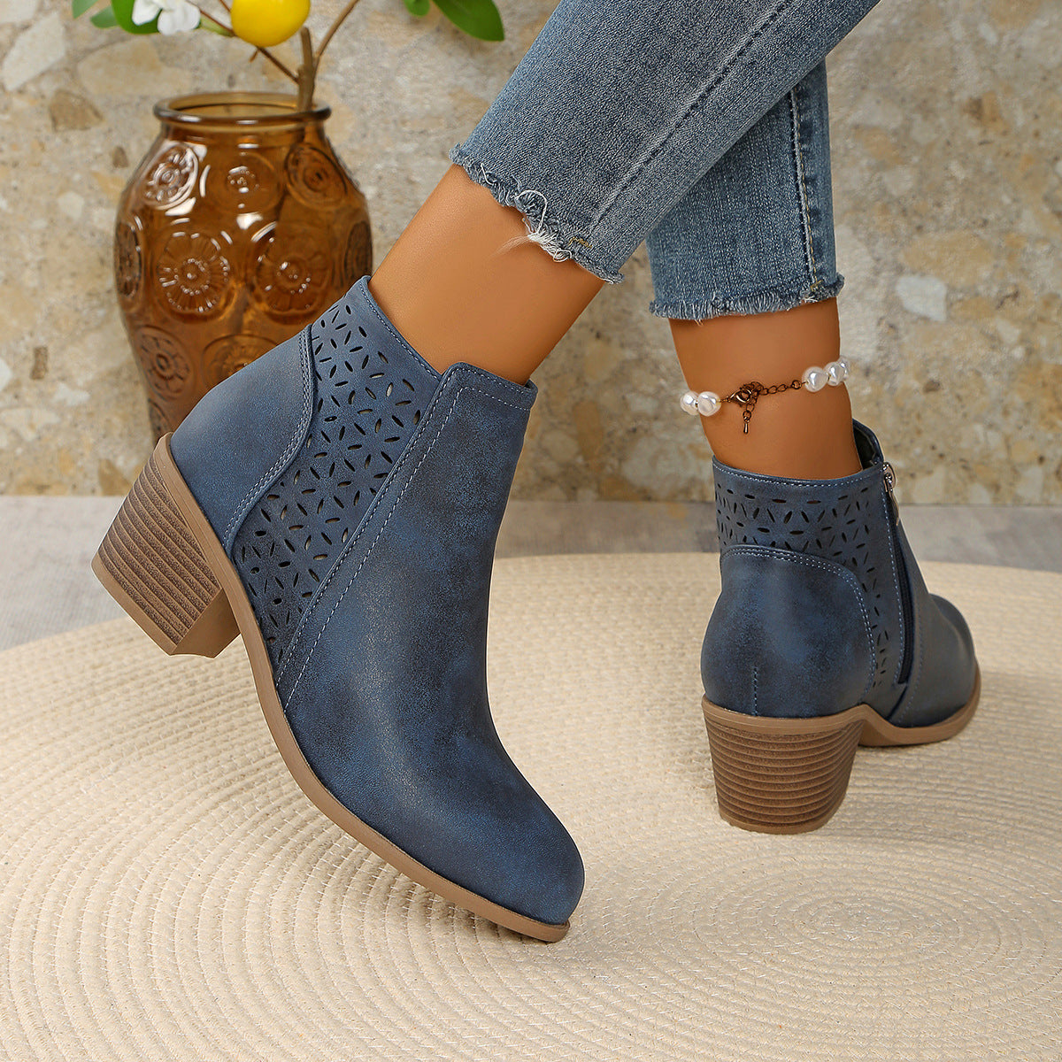 🔥 Women's Chunky Mid-Heel Slip-On Leather Orthopaedic Ankle Boots