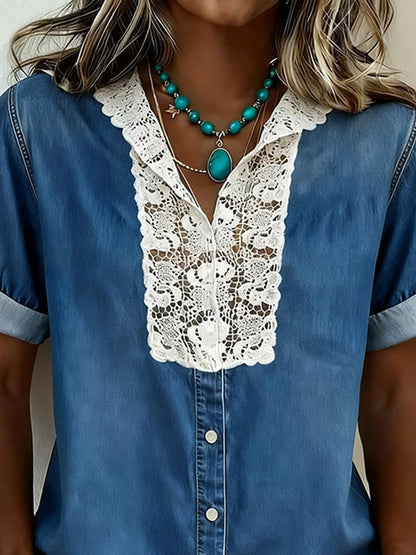 Women'S Casual V-neck Lace Patch Denim Shirt