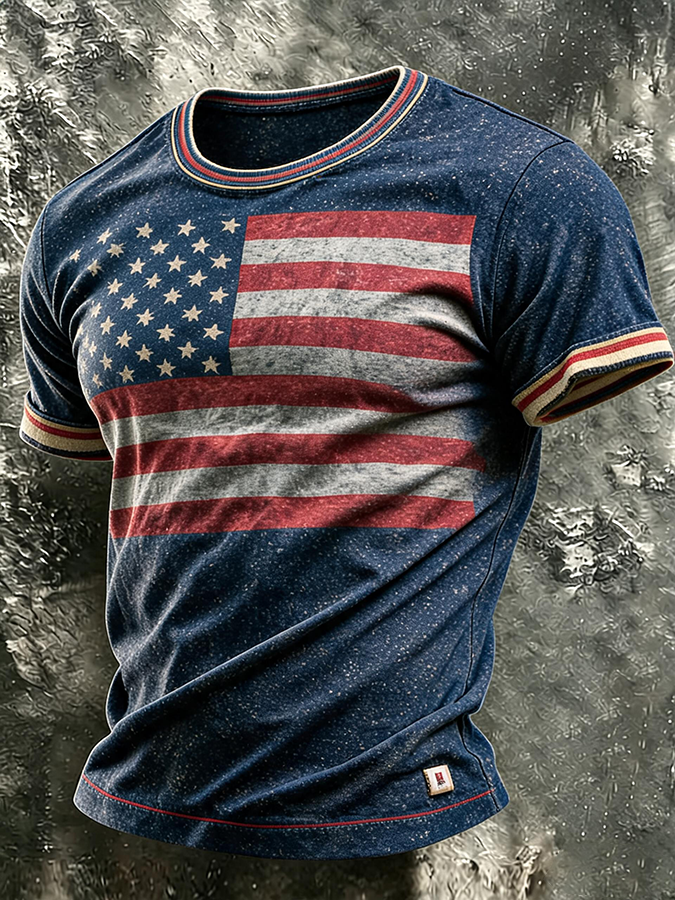 Men's Retro Patriotic Color-Block Crew Neck Short-Sleeve T-Shirt
