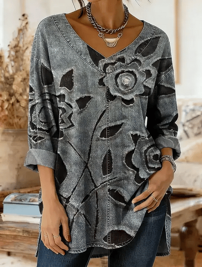 Ethnicity Texture Flowers Women's Art Print Casual Washed Denim Cotton Top
