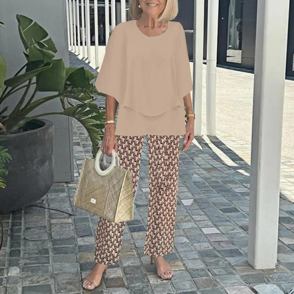 Women's Round Neck Mid-Sleeve Top With Floral Print Pants Set Two-Piece