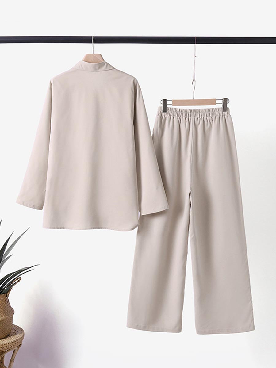 Women's Solid Color Casual Loose Long Sleeve Shirt Wide Leg Pants Two-piece Suit