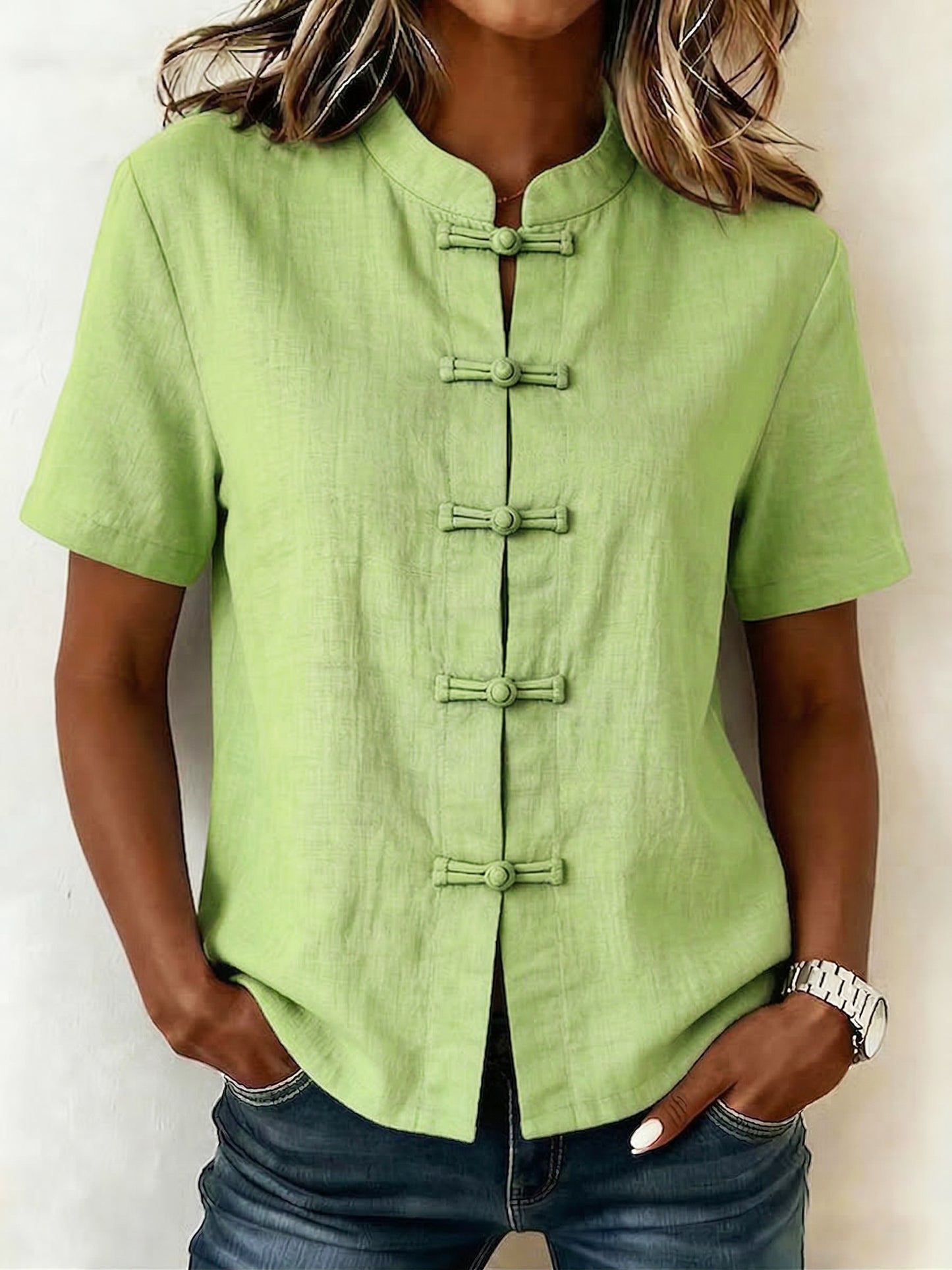 Casual Stand-up Collar Frog Buttons Cotton Linen Shirt