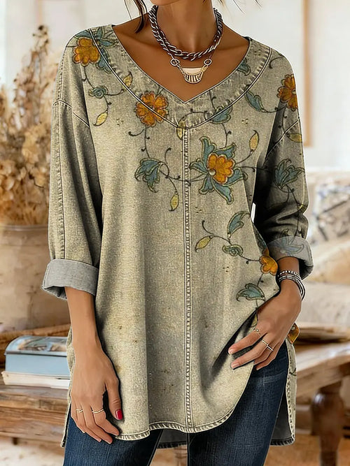 Women's Vintage Floral Print Artistic Washed Denim Cotton Shirt