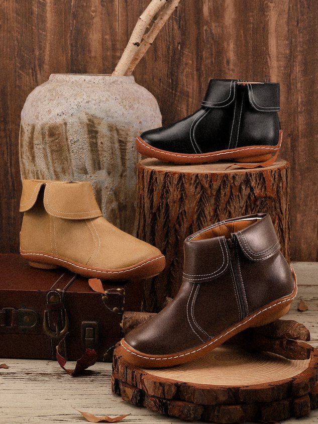Women Hemmed Zip Casual Plain Round Toe Short Boots With Flat Heel