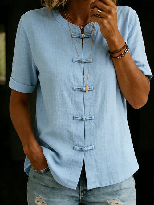Casual Stand-up Collar Frog Buttons Cotton Linen Shirt